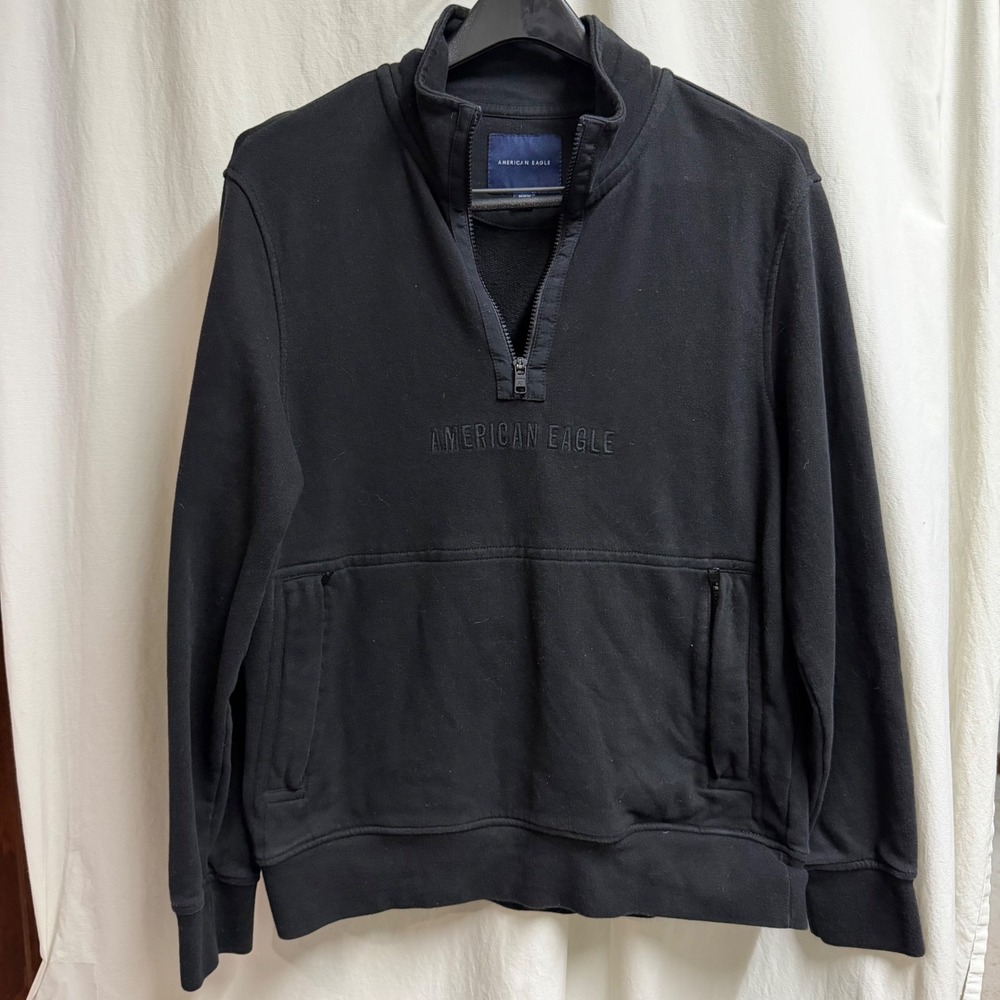 American Eagle Mens Quarter Zip Sweatshirt Black Cotton Pullover Pocket Medium